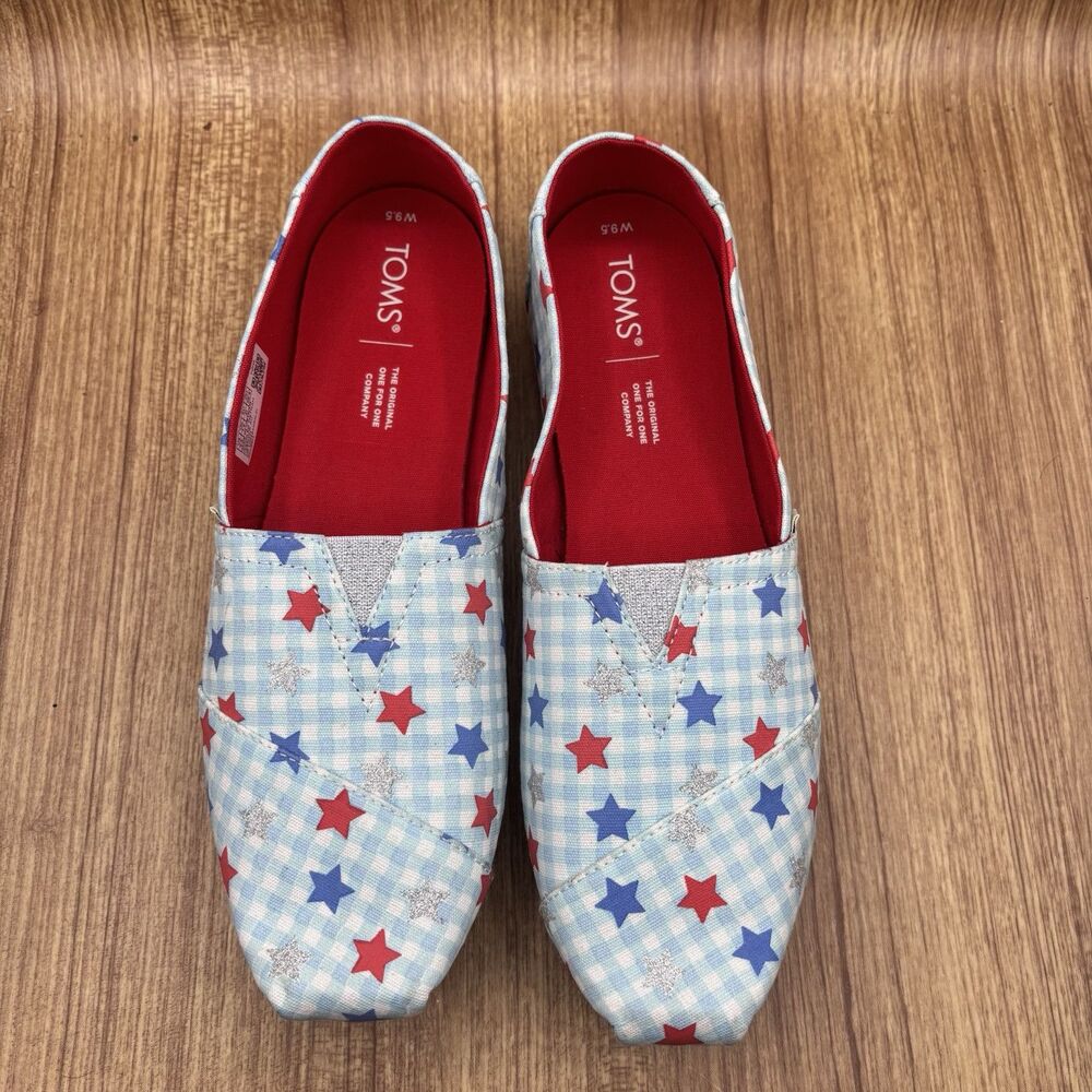 TOMS Blue & Red Gingham‎ Glow In The Dark Star Print Alpargata Shoes Size 9.5 - Picture 7 of 9